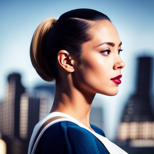 An image of a woman with a sleek, high ponytail, perfectly smoothed and secured at the crown of her head