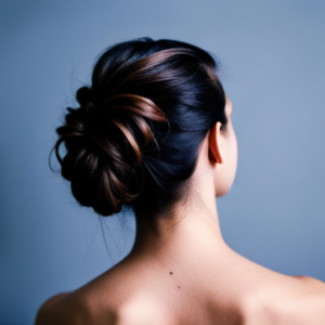 a close-up of a person effortlessly pulling their hair back into a comfortable and practical hairstyle, using minimal tools or accessories