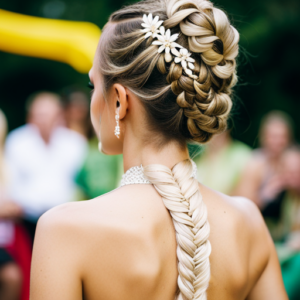 An image of a model with intricate braided hairstyles, showcasing fishtail, Dutch, and waterfall braids, adorned with hair accessories and intricate designs for a pageant-style look