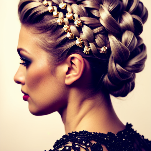 An image of a woman with a voluminous, intricately braided updo, accented with sparkling hair accessories and cascading curls, exuding confidence and glamour