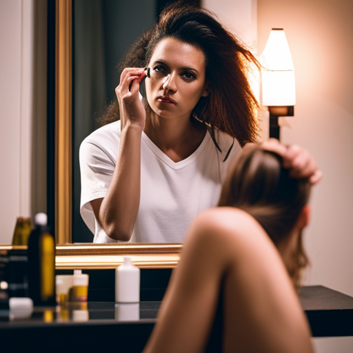 An image of a person sitting in front of a mirror with a tired expression, holding a brush and hair products, with disheveled hair and signs of fatigue from extensive styling