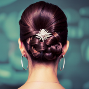 a close-up image of a sleek, high bun hairstyle adorned with delicate crystal hair pins and sparkling hair clips, creating a glamorous and elegant look fit for a pageant queen