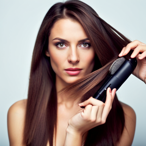 An image of a woman holding her damaged hair, with split ends and frizz, while surrounded by heat styling tools and hair products