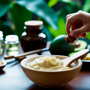 An image of a woman sitting in a luxurious spa chair with a hair mask on, surrounded by bowls of natural ingredients like avocado, honey, and coconut oil