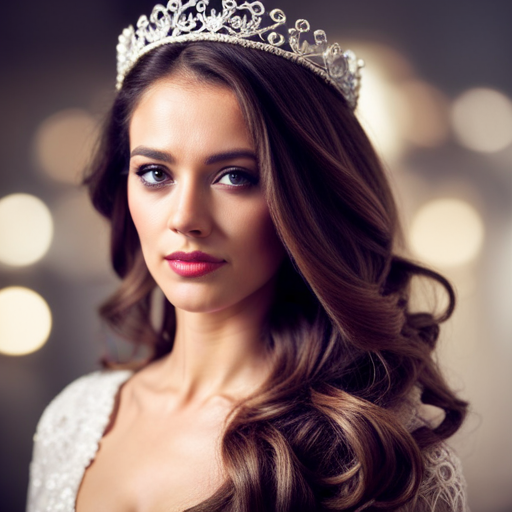 An image of a young woman with long, flowing hair, wearing a sparkling tiara and a simple, elegant hairstyle