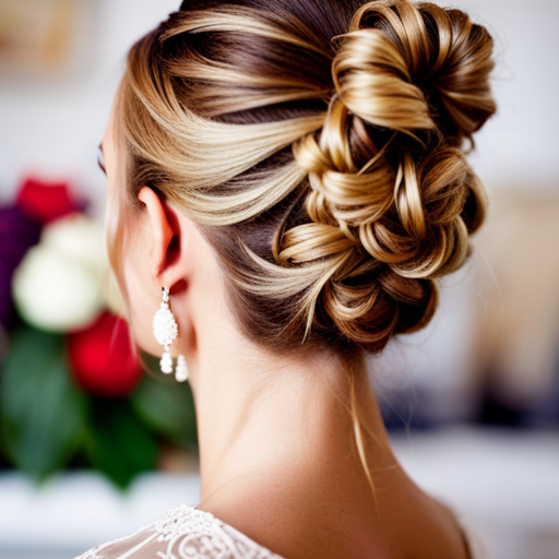 An image showcasing a classic, sophisticated updo for a pageant, featuring intricate braids, polished curls, and delicate accessories