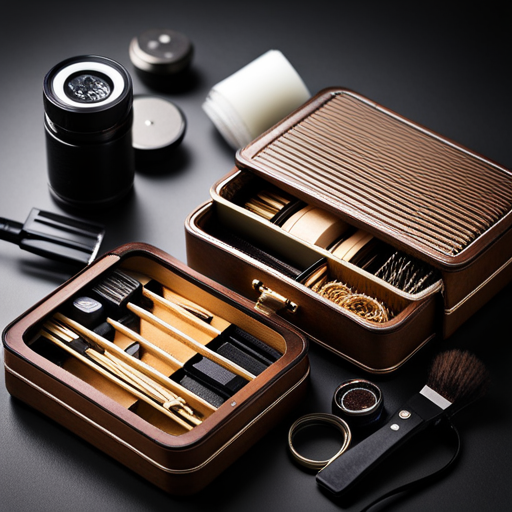 An image of a small, organized case with hair essentials such as bobby pins, hairspray, hair ties, and a teasing comb neatly arranged inside