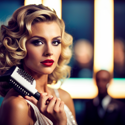 An image of a pageant contestant with shiny, well-groomed hair, using a high-quality hairbrush and heat protectant spray