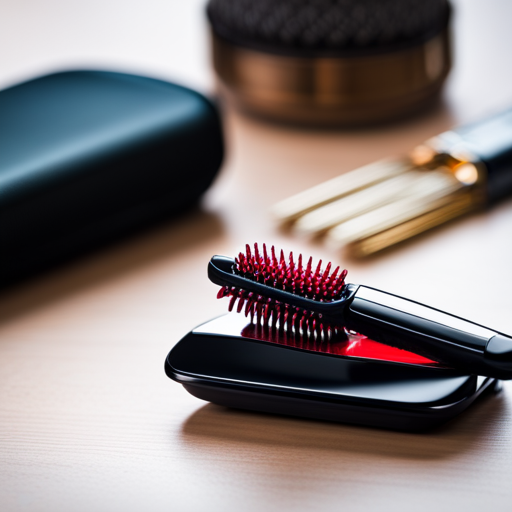 An image of a small travel-sized hair straightener and a compact hairbrush