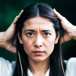 An image of a person with tangled hair due to a broken hair clip, struggling to fix it