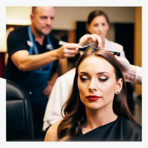 An image of a pageant contestant sitting in a salon chair, with a stylist applying balayage highlights to her hair