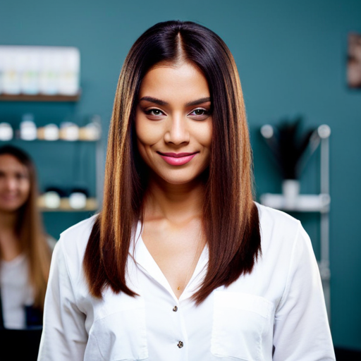 An image of a woman with long, healthy hair, using natural hair care products, taking vitamins, and getting regular trims