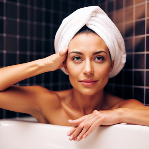 An image of a woman applying a hydrating hair mask, with a towel wrapped around her head, sitting in a steamy bathroom