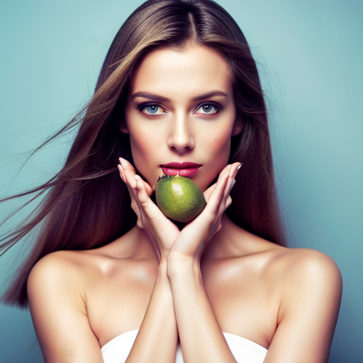 An image of a woman with long, shiny, healthy hair, applying a homemade hair mask made of avocado, honey, and coconut oil