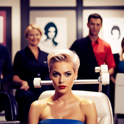 An image of a pageant contestant sitting in a salon chair, surrounded by swatches of hair color samples and hairstyle options