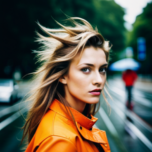 An image of a woman with windblown hair, holding an umbrella in the rain, and with sleek, straight hair on a sunny day