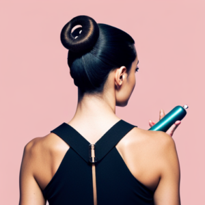 An image of a woman with a sleek updo hairstyle, holding a small emergency kit with hair ties, bobby pins, and travel-sized hairspray, ready for any unexpected hairstyle mishaps