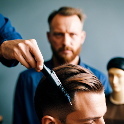 An image of a person with various hair styling tools laid out on a table, practicing different hairstyles on a mannequin head