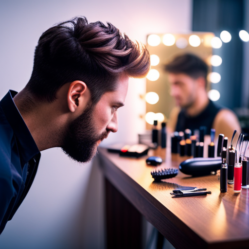 An image of a person sitting in front of a mirror with various hair styling tools and products laid out on a table