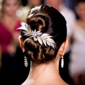 An image of a model with a sleek, polished updo adorned with sparkling gemstones and feathers, perfect for a glamorous themed pageant round