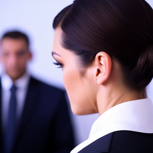 An image of a woman with sleek, polished hair, wearing a professional outfit and confidently answering interview questions