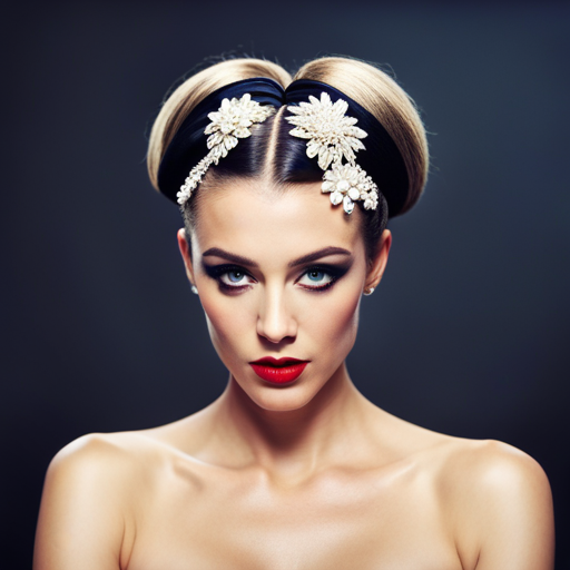 An image of a woman with a sleek, low ponytail adorned with statement hair accessories such as metallic hair clips and a velvet ribbon, showcasing how to incorporate current fashion trends into pageant hairstyles