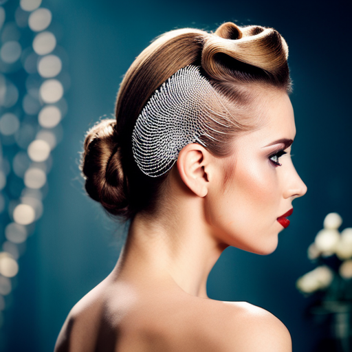 An image showing a woman with a sleek updo hairstyle, using bobby pins, hairspray, and a hairnet to maintain the style