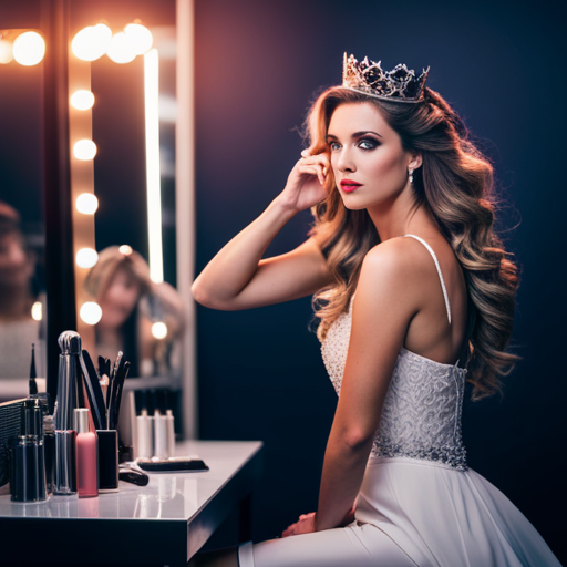 An image of a woman sitting in front of a mirror, holding a curling iron and styling her hair into loose waves