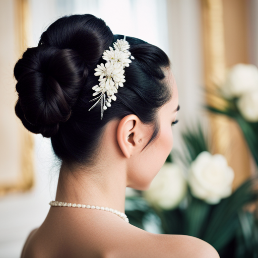 An image showing a model with a sleek, elegant pageant hairstyle adorned with sparkly hair clips, pearl headband, and delicate hairpins, highlighting the effective use of hair accessories in pageant hairstyles