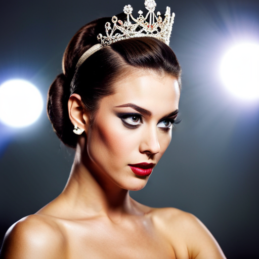 An image of a woman with a sleek updo, wearing a crown and sash, surrounded by hairspray, bobby pins, and a styling kit to showcase the importance of maintaining a flawless hairstyle throughout a pageant