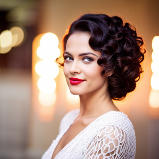 An image of a woman with curly hair styled in a sleek updo, with defined curls and minimal frizz