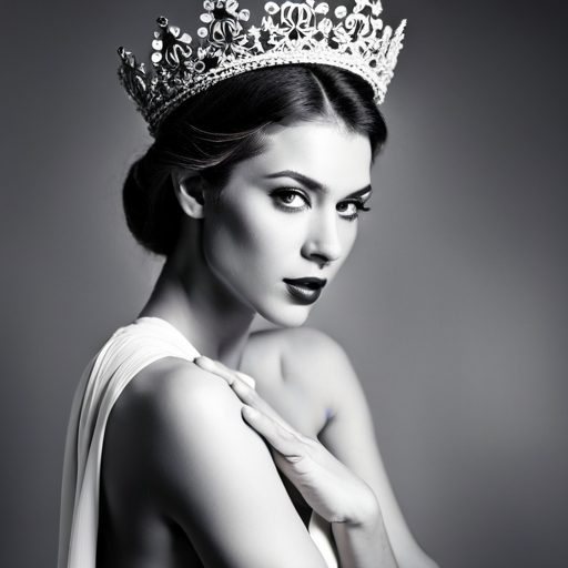 An image of a woman with sleek, shiny hair, wearing a pageant crown