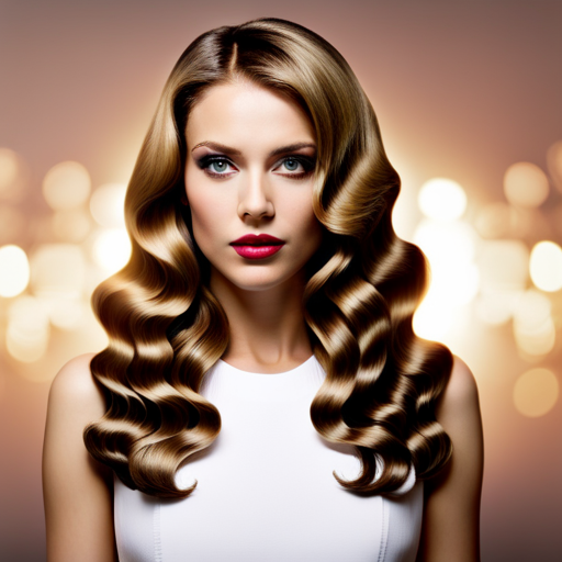 An image of a woman with long, glossy hair, using a curling iron to create defined, voluminous curls