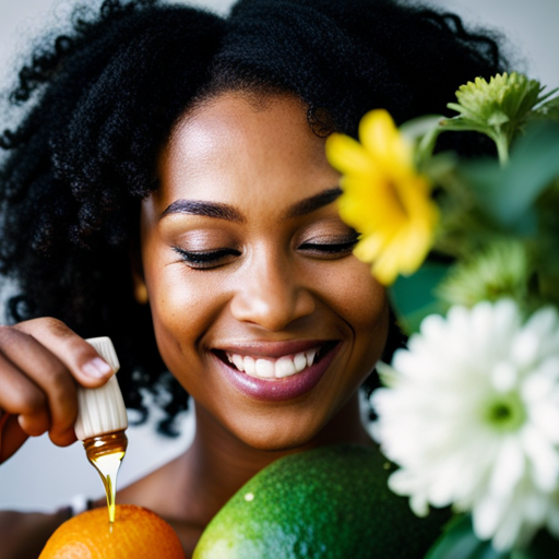 An image of a woman with curly natural hair, applying a homemade hair mask made of avocado, coconut oil, and honey