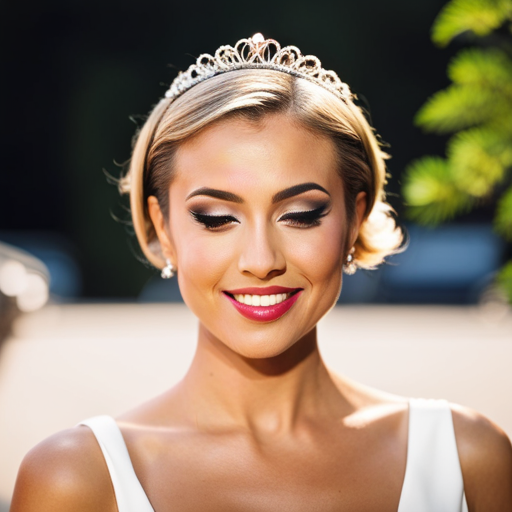 An image of a short-haired woman with a sleek bob hairstyle adorned with a sparkly tiara, styled in soft curls or a chic updo, showcasing the versatility and glamour of pageant hairstyles for short hair