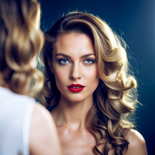 An image of a woman sitting in front of a mirror, carefully sectioning her hair and applying heat protectant before using a curling iron to create voluminous, bouncy curls