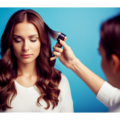 An image of a woman applying a heat protectant spray to her hair before using a curling iron