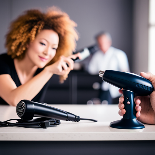 An image of a busy contestant using a hair dryer while multitasking with a phone in hand, a stopwatch on the counter, and a hair styling product nearby