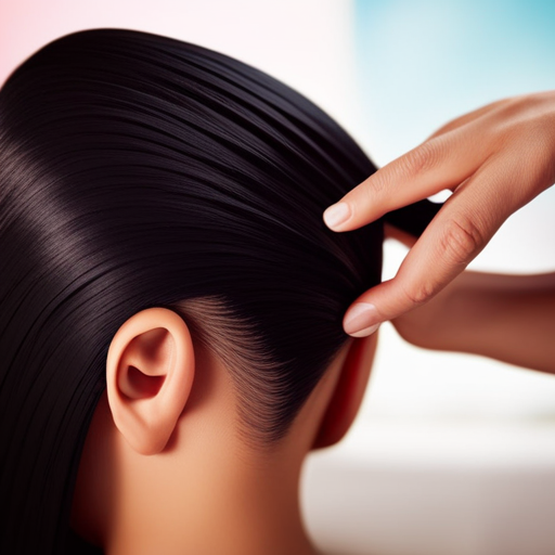 An image of a woman gently massaging scalp with a nourishing hair oil, surrounded by a background of vibrant, healthy hair