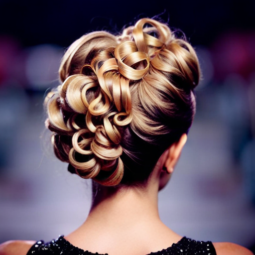 An image of a woman with long, flowing hair styled in an intricate updo, secured with bobby pins and hairspray