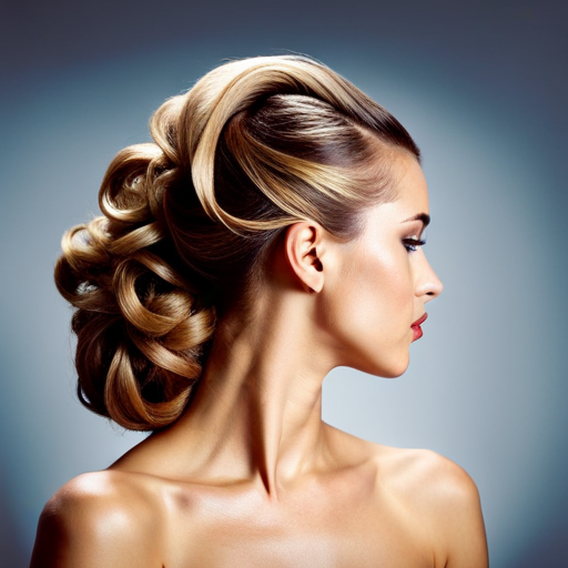 An image of a model with long, flowing hair styled in a classic pageant updo, with step-by-step visuals of the process, including curling, teasing, and pinning the hair