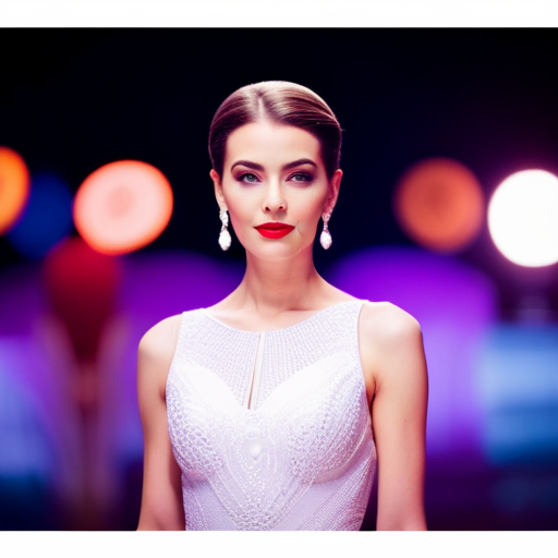 An image of a woman with straight hair styled in a sleek and elegant updo, wearing a sparkling gown and confidently strutting down a runway, with bright lights and cheering crowds in the background