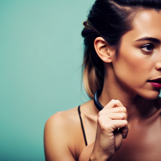 An image of a woman holding a hair tie in one hand and a comb in the other, with a look of determination as she quickly changes her hairstyle from a sleek ponytail to loose curls