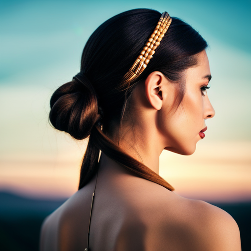 An image of a woman with a sleek, low ponytail adorned with recycled accessories like wooden hairpins and a woven headband