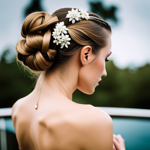 An image of a sleek, polished updo with a sparkling tiara and a spray bottle of holding hairspray, surrounded by a collection of high-quality hair products and styling tools