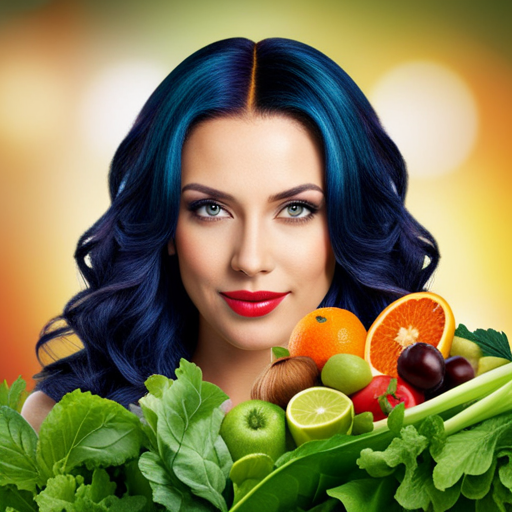 An image of a woman with vibrant, glossy hair, surrounded by an array of colorful, nutrient-rich foods such as leafy greens, nuts, and fruits