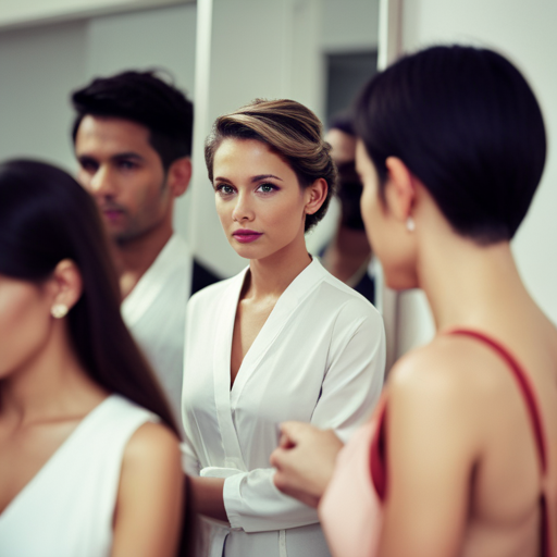 An image of a woman trying on different hairstyles in front of a mirror, with a thoughtful expression on her face