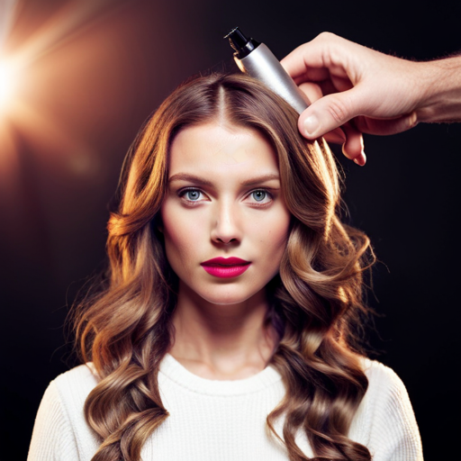 An image of a person using a heat protectant spray on their hair before using a curling iron