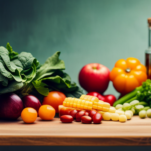 An image of a variety of colorful fruits and vegetables arranged on a table, with a bottle of vitamins and supplements next to them, showcasing the connection between natural nutrients and hair health