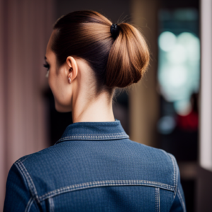 An image of a woman with a busy schedule effortlessly styling her hair in a sleek ponytail, using a few quick and easy steps